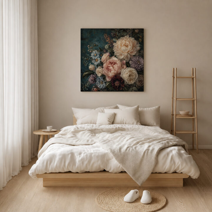 Leinwandbild Blumenstillleben auf Petrol