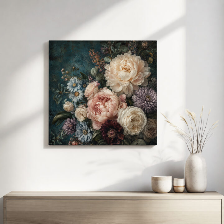 Leinwandbild Blumenstillleben auf Petrol