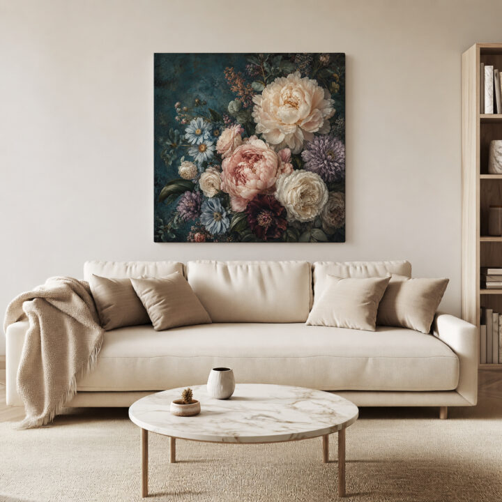 Leinwandbild Blumenstillleben auf Petrol
