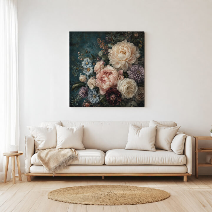 Leinwandbild Blumenstillleben auf Petrol