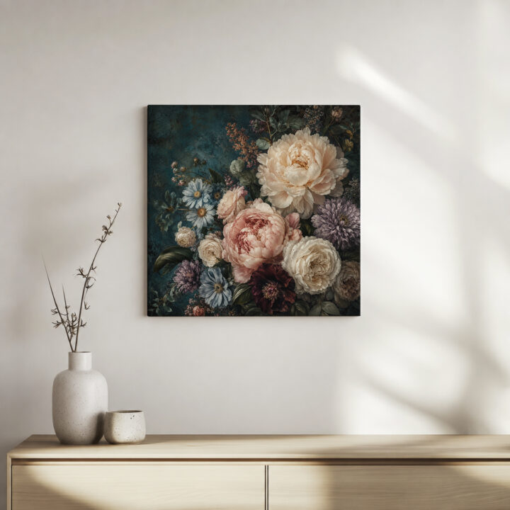 Leinwandbild Blumenstillleben auf Petrol