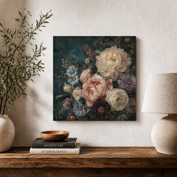 Leinwandbild Blumenstillleben auf Petrol