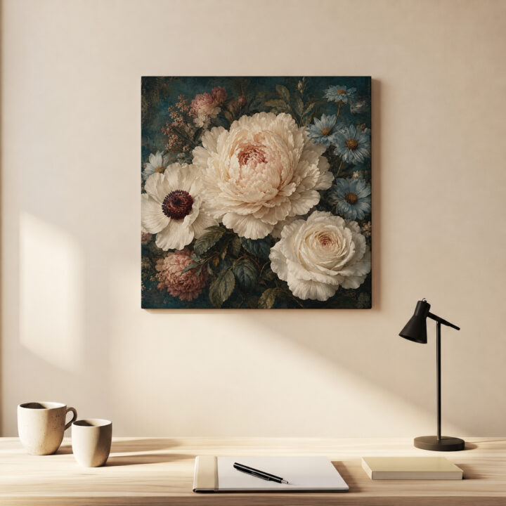 Canvas print Cream Blossoms on Deep Teal