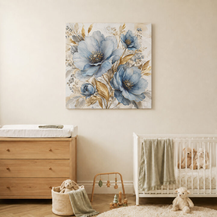 Leinwandbild Blaue Blüten und Goldblätter