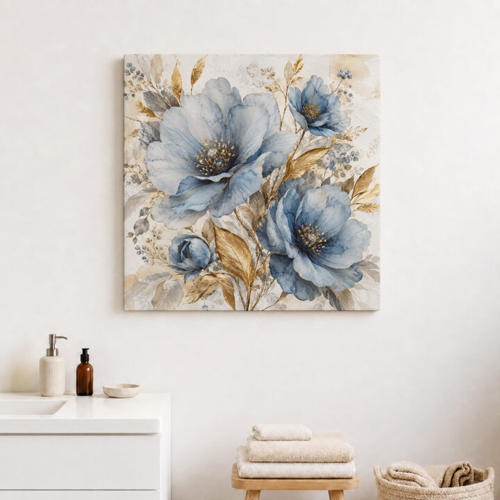 Leinwandbild Blaue Blüten und Goldblätter