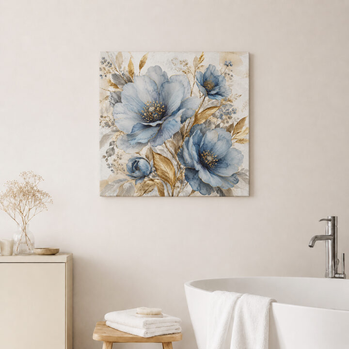 Leinwandbild Blaue Blüten und Goldblätter