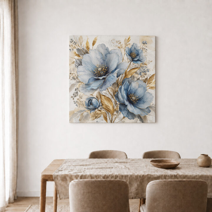 Leinwandbild Blaue Blüten und Goldblätter