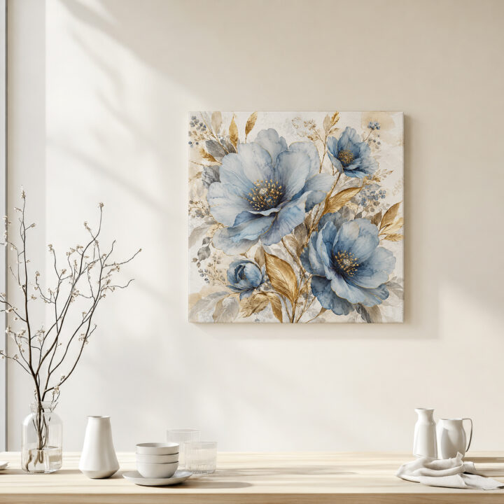Leinwandbild Blaue Blüten und Goldblätter