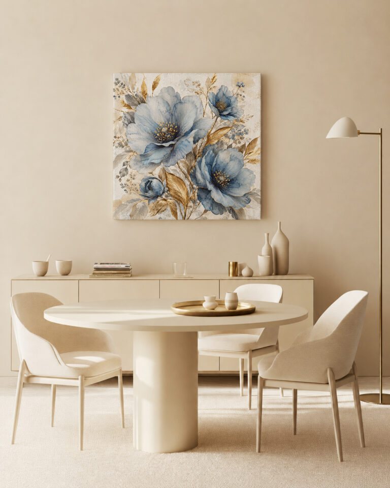 Leinwandbild Blaue Blüten und Goldblätter
