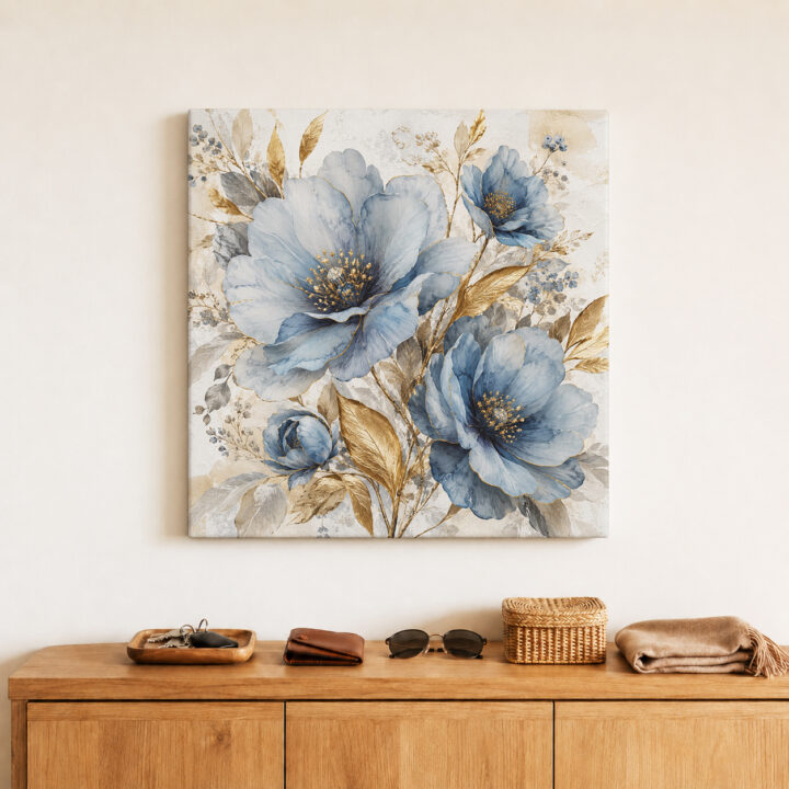 Leinwandbild Blaue Blüten und Goldblätter