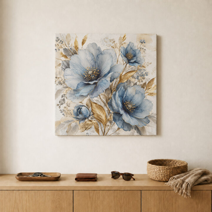 Leinwandbild Blaue Blüten und Goldblätter
