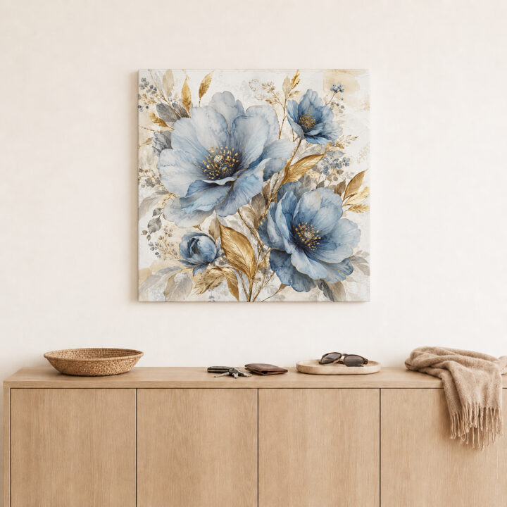 Leinwandbild Blaue Blüten und Goldblätter