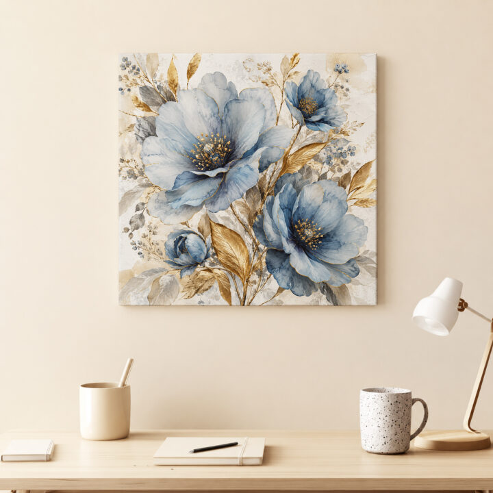 Leinwandbild Blaue Blüten und Goldblätter