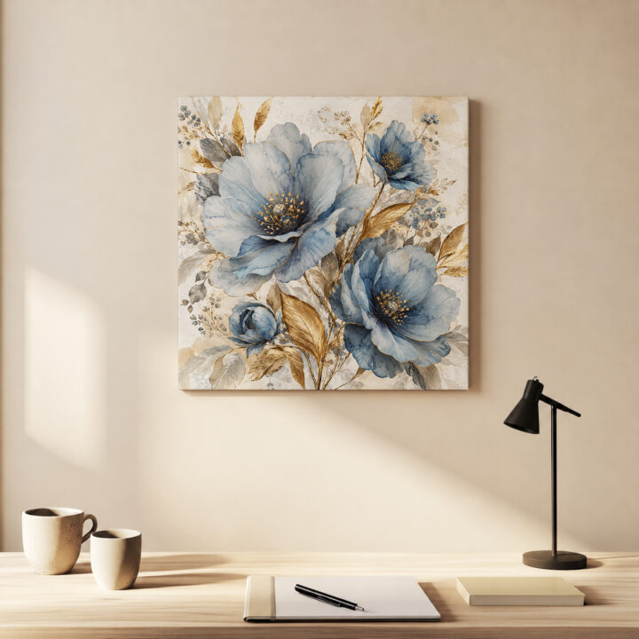 Leinwandbild Blaue Blüten und Goldblätter