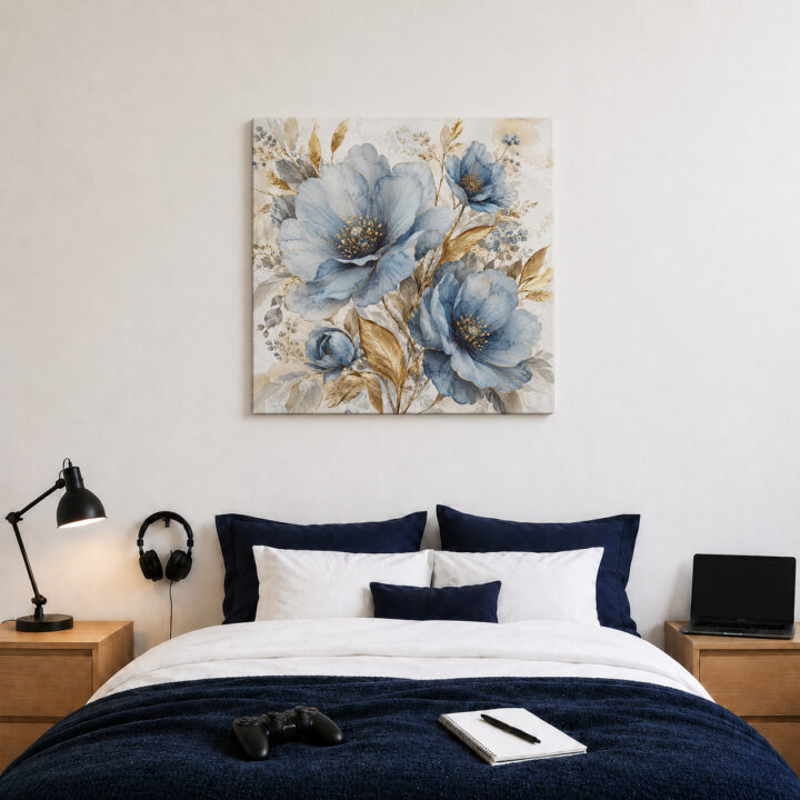 Leinwandbild Blaue Blüten und Goldblätter