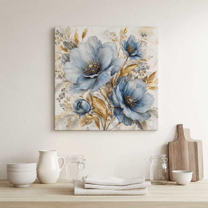 Leinwandbild Blaue Blüten und Goldblätter