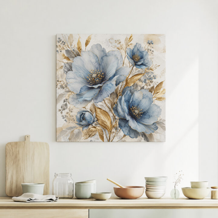 Leinwandbild Blaue Blüten und Goldblätter