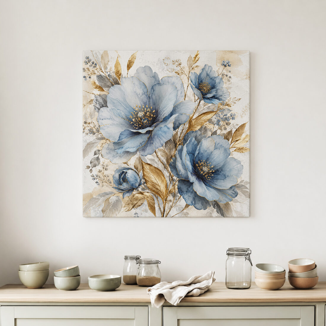 Leinwandbild Blaue Blüten und Goldblätter