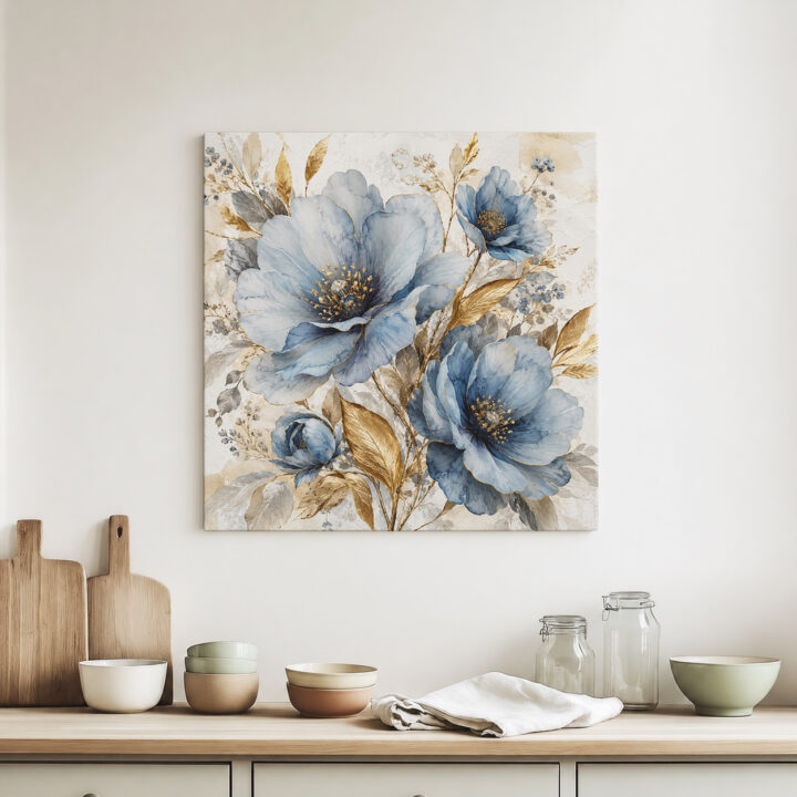 Leinwandbild Blaue Blüten und Goldblätter