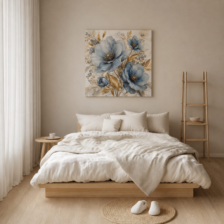 Leinwandbild Blaue Blüten und Goldblätter