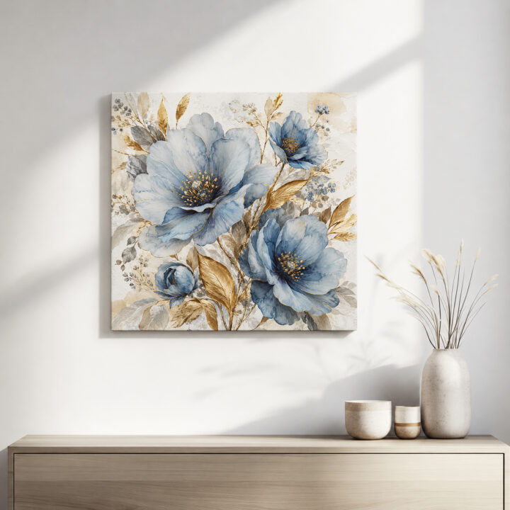 Leinwandbild Blaue Blüten und Goldblätter