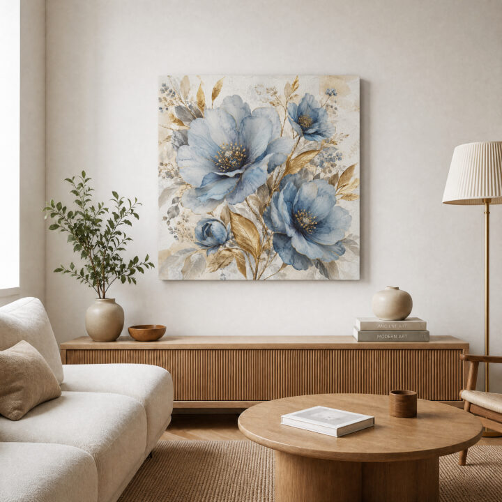 Leinwandbild Blaue Blüten und Goldblätter