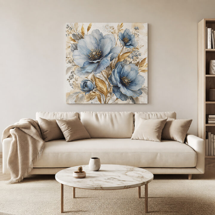 Leinwandbild Blaue Blüten und Goldblätter
