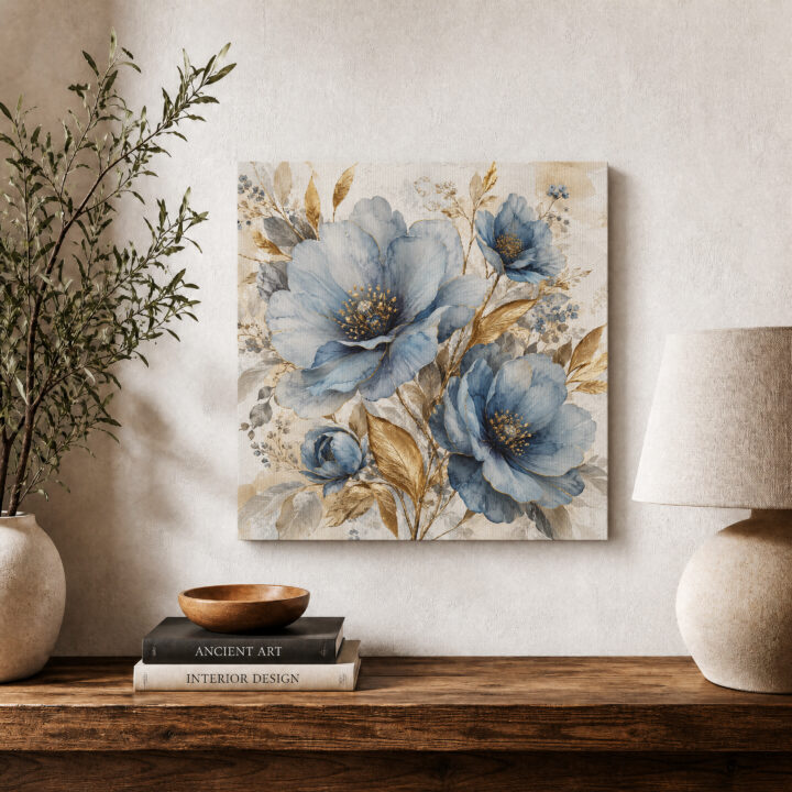 Leinwandbild Blaue Blüten und Goldblätter