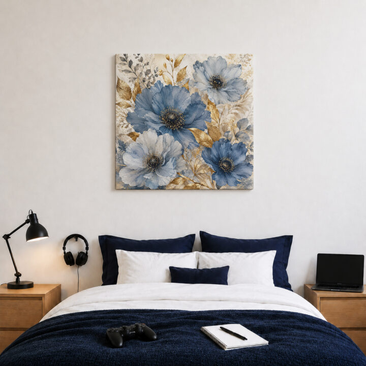 Leinwandbild Blaue Blüten im Quadrat