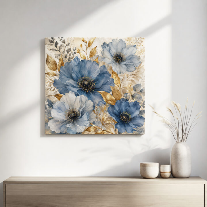 Leinwandbild Blaue Blüten im Quadrat
