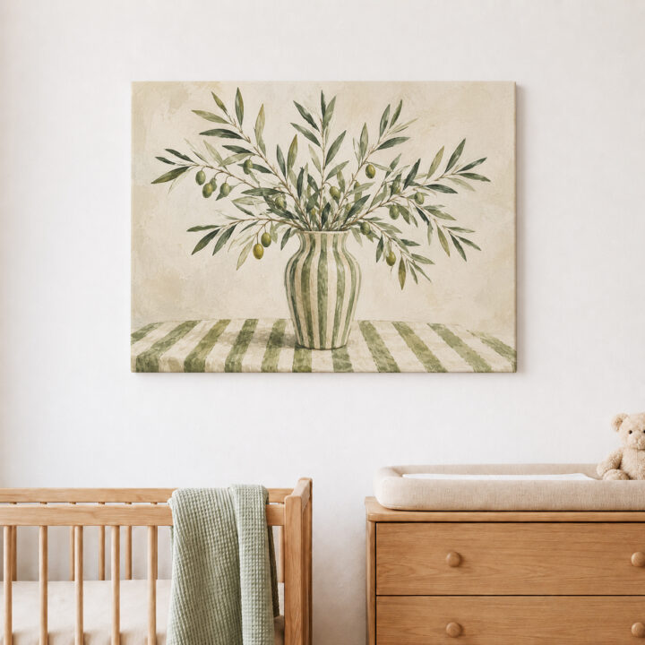 Leinwandbild Olivenzweige in gestreifter Vase