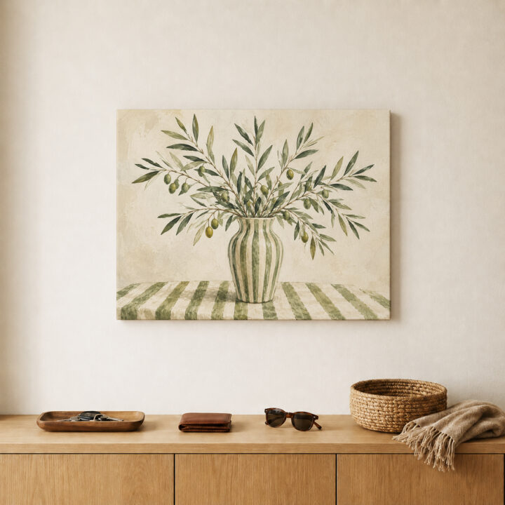 Leinwandbild Olivenzweige in gestreifter Vase