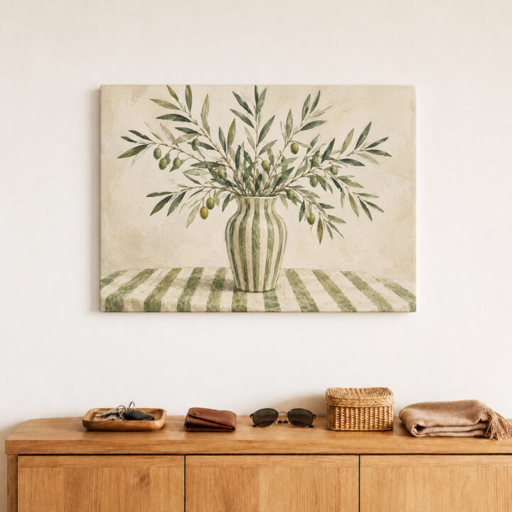 Leinwandbild Olivenzweige in gestreifter Vase