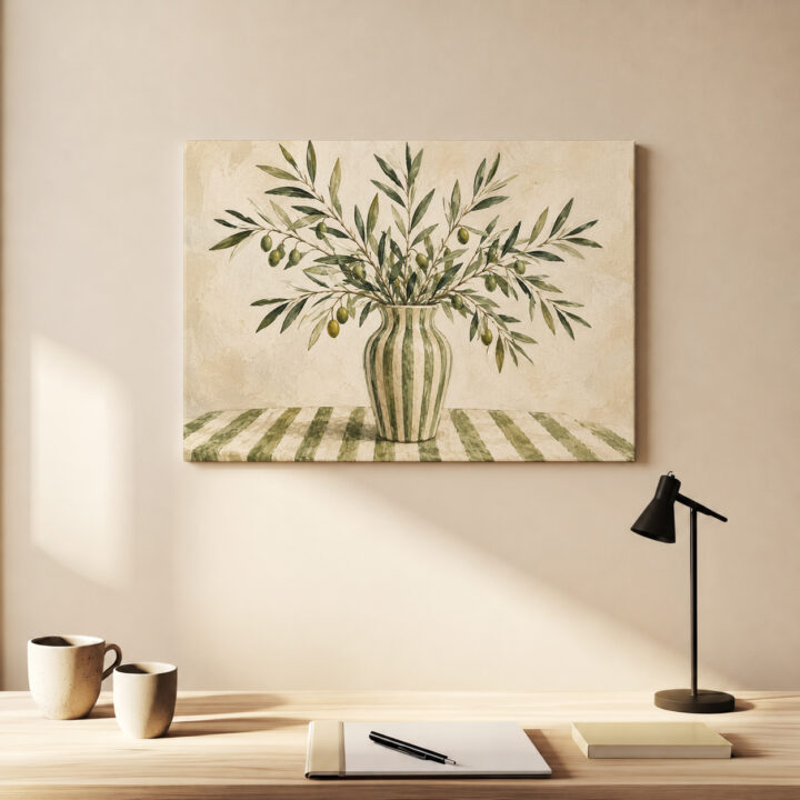 Leinwandbild Olivenzweige in gestreifter Vase