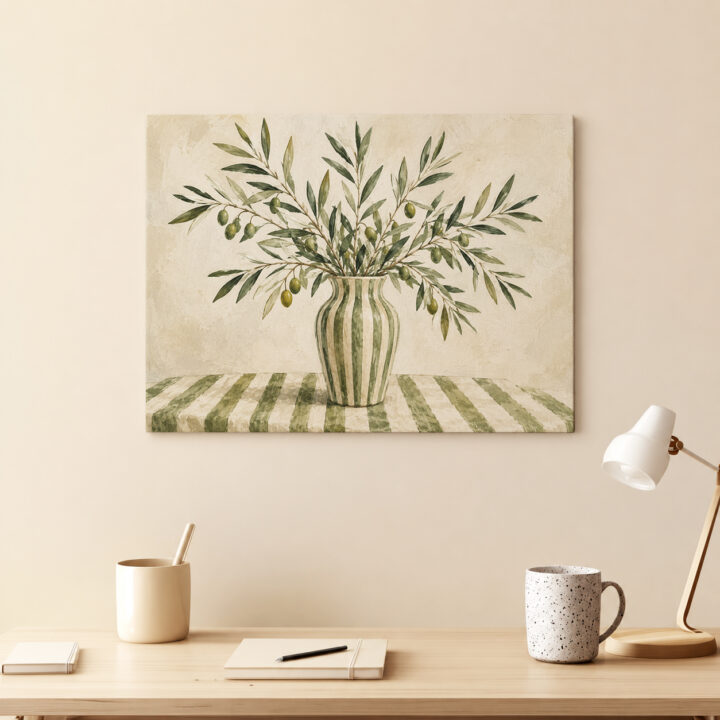 Leinwandbild Olivenzweige in gestreifter Vase