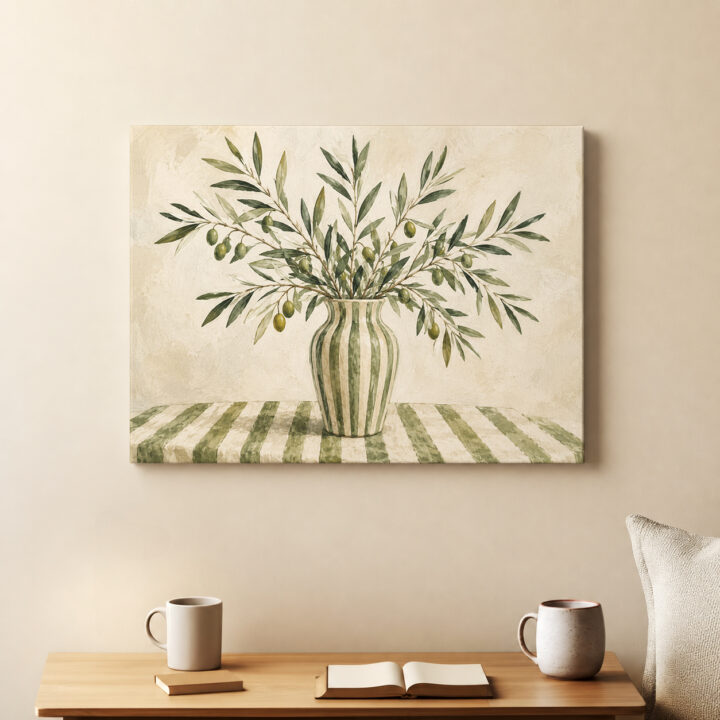 Leinwandbild Olivenzweige in gestreifter Vase