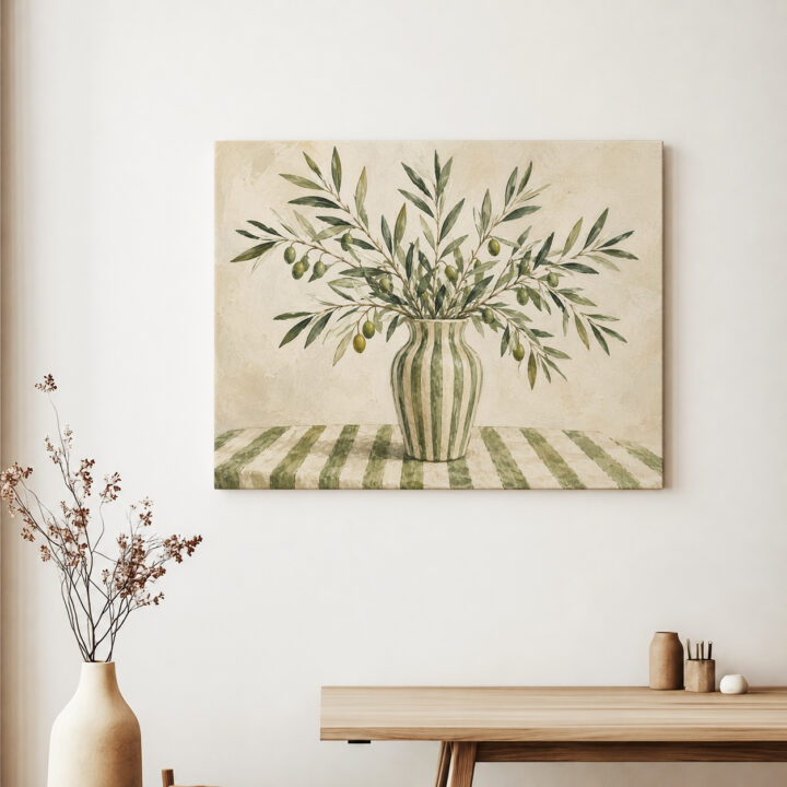 Leinwandbild Olivenzweige in gestreifter Vase