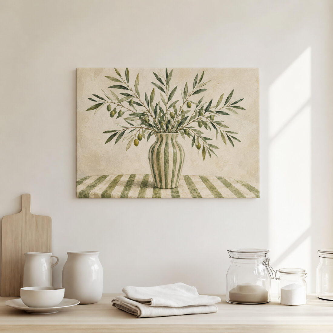 Leinwandbild Olivenzweige in gestreifter Vase