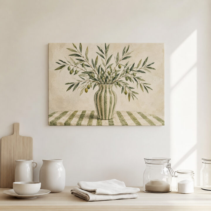Leinwandbild Olivenzweige in gestreifter Vase