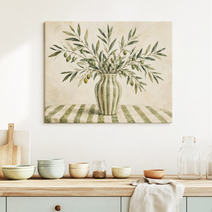 Leinwandbild Olivenzweige in gestreifter Vase