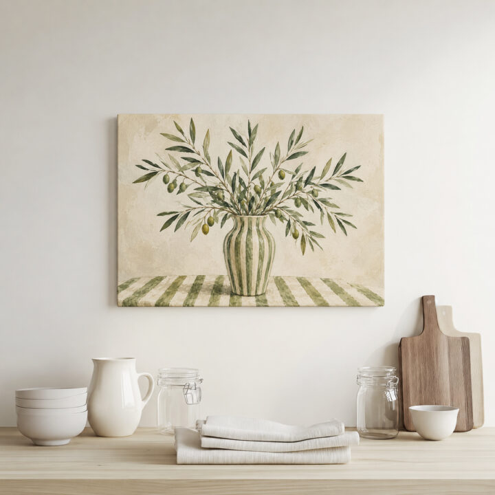 Leinwandbild Olivenzweige in gestreifter Vase