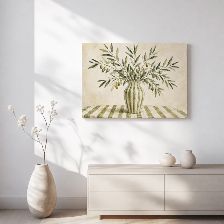 Leinwandbild Olivenzweige in gestreifter Vase