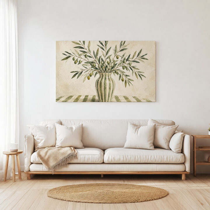 Leinwandbild Olivenzweige in gestreifter Vase