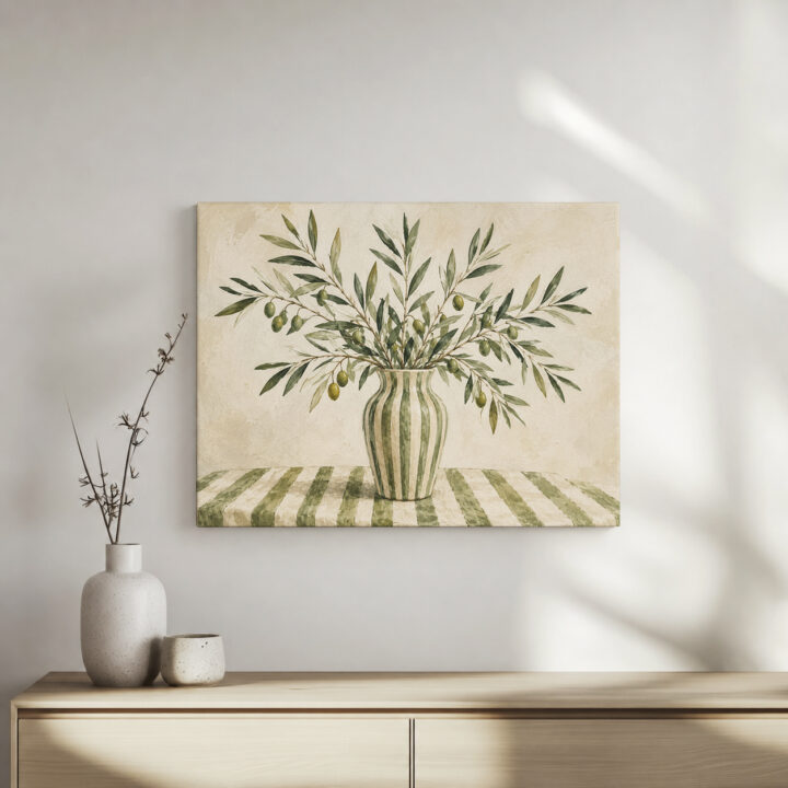 Leinwandbild Olivenzweige in gestreifter Vase