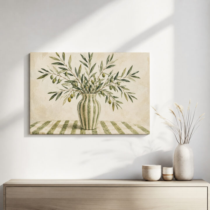 Leinwandbild Olivenzweige in gestreifter Vase