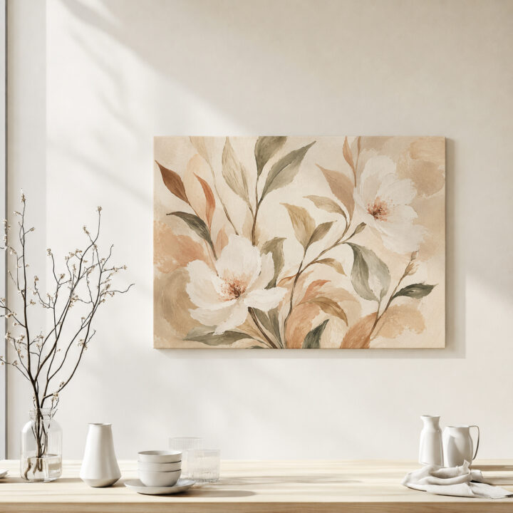 Leinwandbild Cremeweiße Blüten und Blätter
