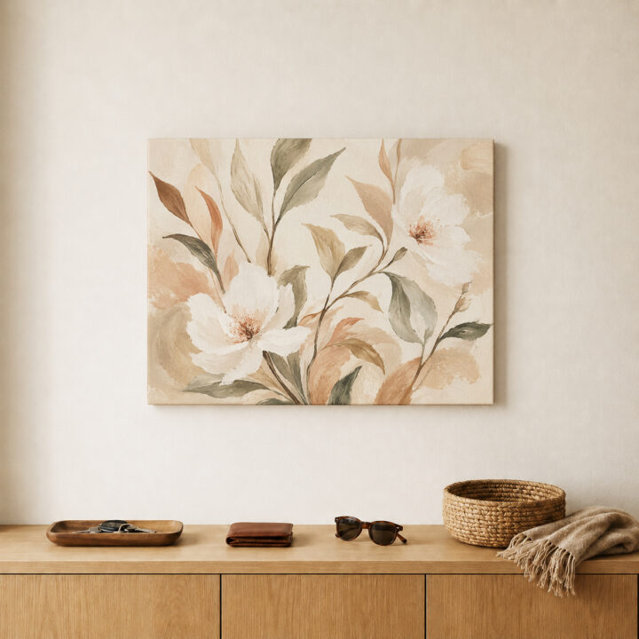 Leinwandbild Cremeweiße Blüten und Blätter