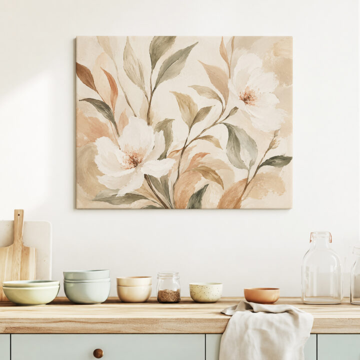 Leinwandbild Cremeweiße Blüten und Blätter