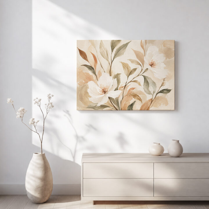 Leinwandbild Cremeweiße Blüten und Blätter