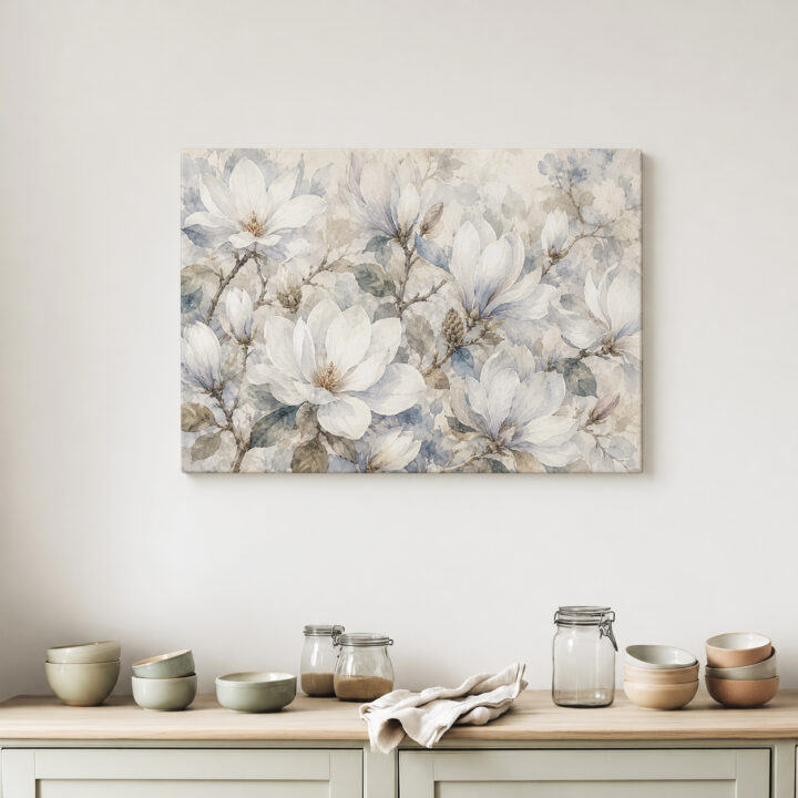 Leinwandbild Magnolien in Weiß und Blaugrau